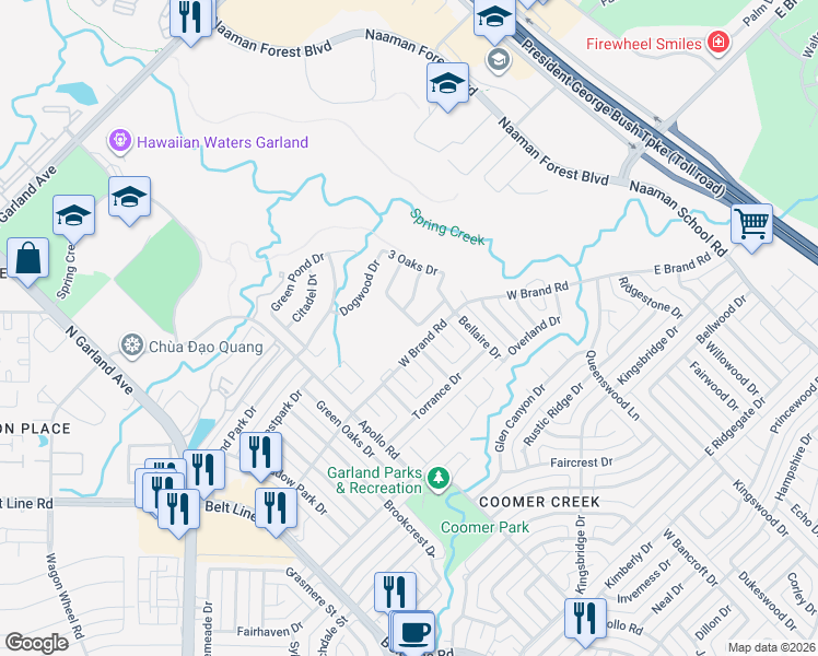 map of restaurants, bars, coffee shops, grocery stores, and more near 822 Ambrose Court in Garland