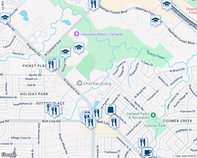 map of restaurants, bars, coffee shops, grocery stores, and more near 1397-1499 Apollo Road in Garland