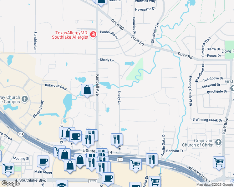 map of restaurants, bars, coffee shops, grocery stores, and more near 800 Shady Lane in Southlake