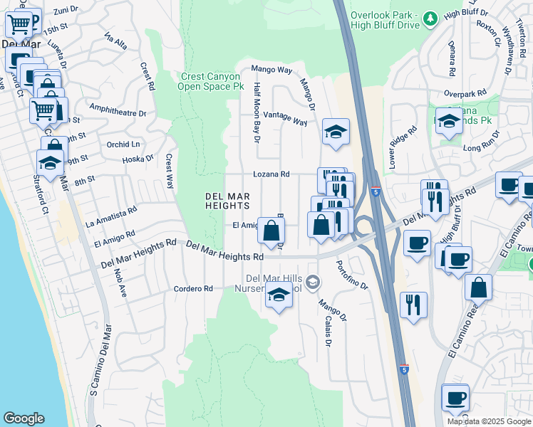map of restaurants, bars, coffee shops, grocery stores, and more near 13931 Mercado Drive in Del Mar