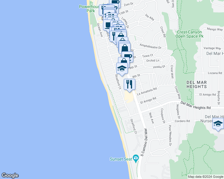 map of restaurants, bars, coffee shops, grocery stores, and more near 111 Little Orphan Alley in Del Mar