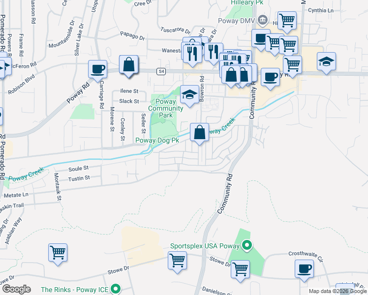 map of restaurants, bars, coffee shops, grocery stores, and more near 12824 Granada Drive in Poway