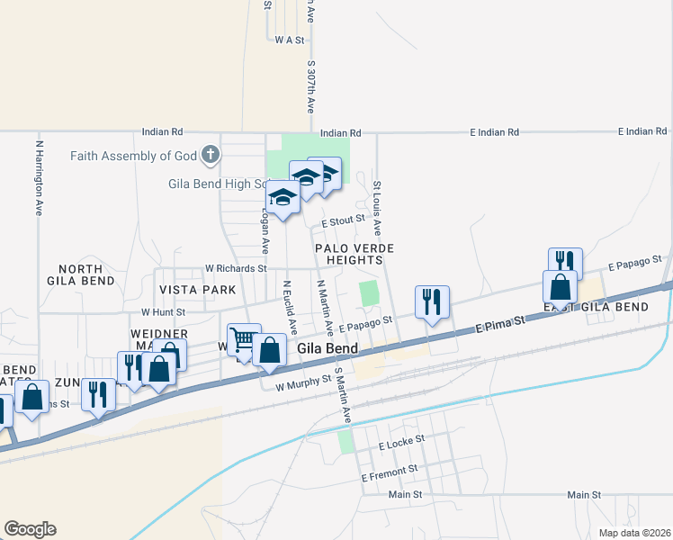 map of restaurants, bars, coffee shops, grocery stores, and more near 405 North Capitol Avenue in Gila Bend