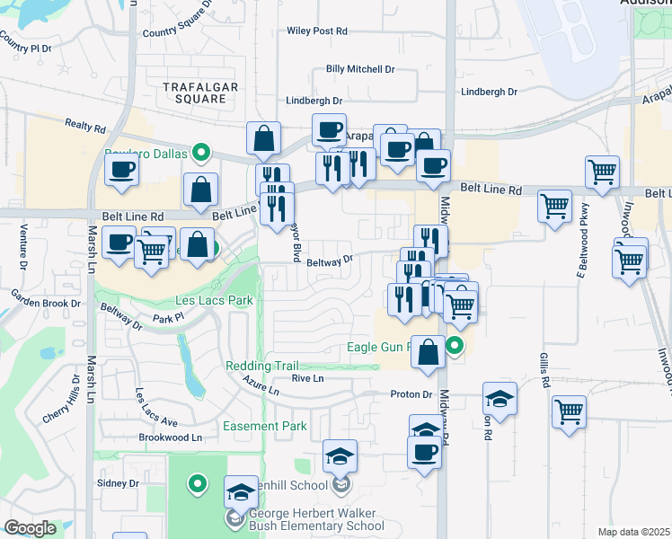 map of restaurants, bars, coffee shops, grocery stores, and more near 4058 Beltway Drive in Addison
