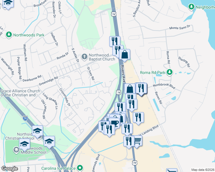 map of restaurants, bars, coffee shops, grocery stores, and more near 7930 Saint Ives Road in North Charleston