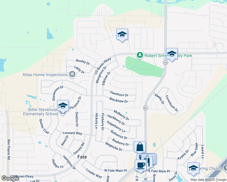 map of restaurants, bars, coffee shops, grocery stores, and more near 320 Hawthorn Drive in Rockwall