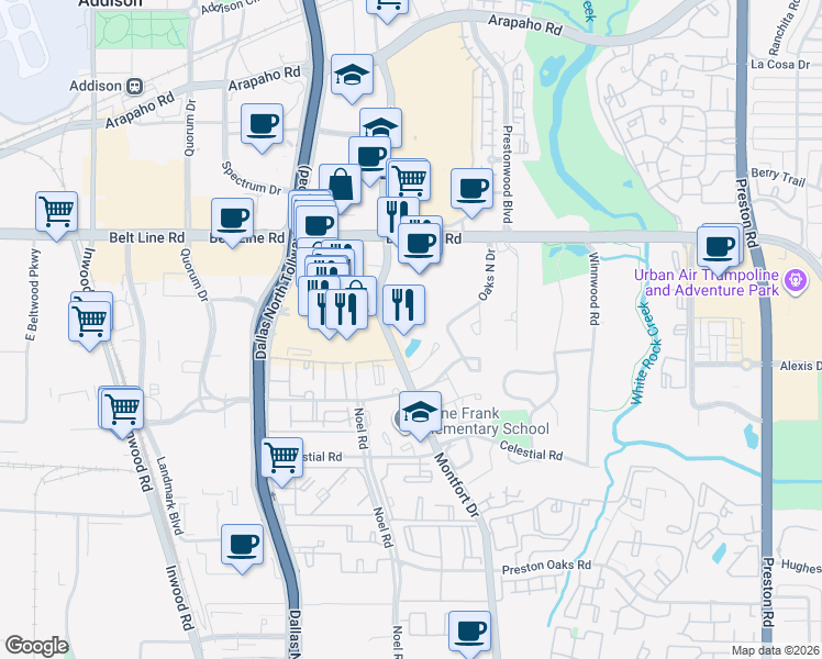 map of restaurants, bars, coffee shops, grocery stores, and more near 14860 Montfort Drive in Dallas