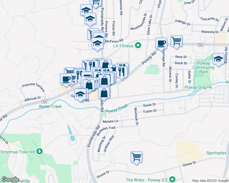 map of restaurants, bars, coffee shops, grocery stores, and more near 12430 Oak Knoll Road in Poway