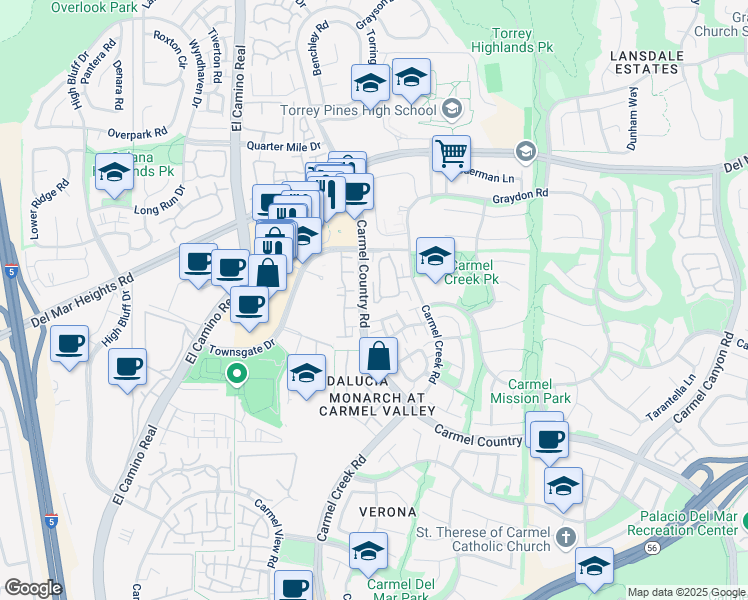 map of restaurants, bars, coffee shops, grocery stores, and more near 4128 Via Candidiz in San Diego