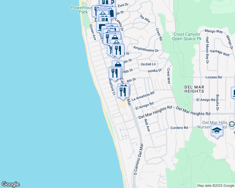 map of restaurants, bars, coffee shops, grocery stores, and more near 149 7th Street in Del Mar