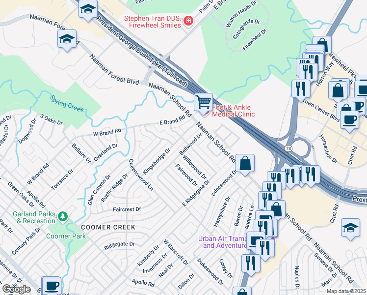 map of restaurants, bars, coffee shops, grocery stores, and more near 225 Bellwood Drive in Garland