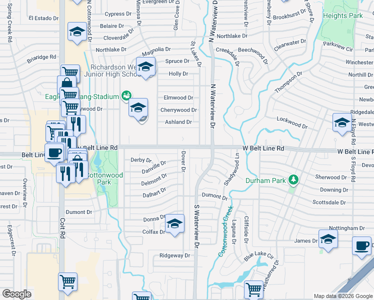 map of restaurants, bars, coffee shops, grocery stores, and more near 200 Murray Lane in Richardson
