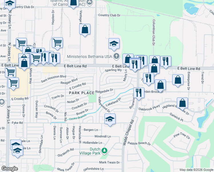 map of restaurants, bars, coffee shops, grocery stores, and more near 2303 Ridgedale Drive in Carrollton