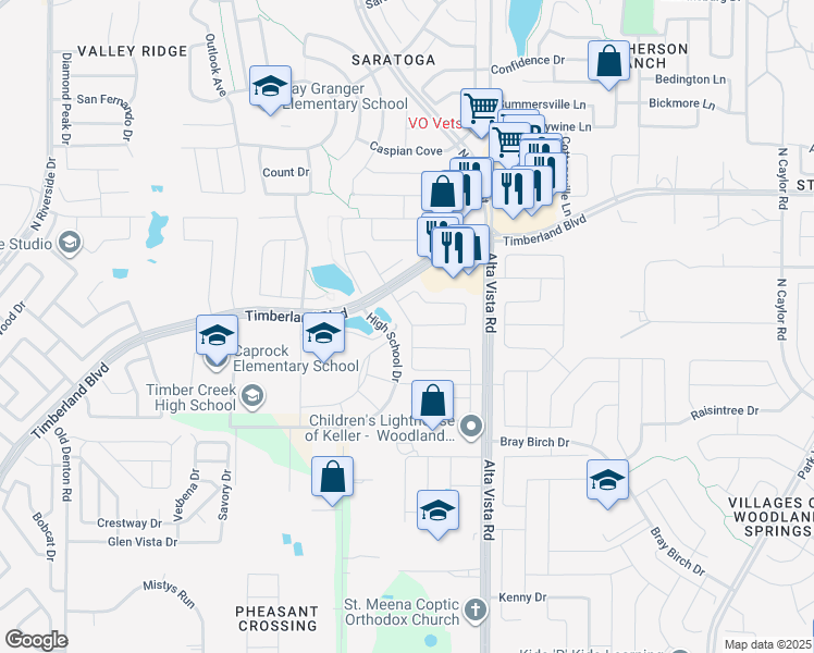 map of restaurants, bars, coffee shops, grocery stores, and more near 4605 Prickly Pear Drive in Fort Worth
