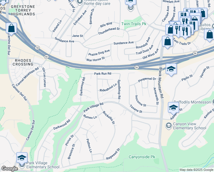 map of restaurants, bars, coffee shops, grocery stores, and more near 12612 Sarsaparilla Street in San Diego
