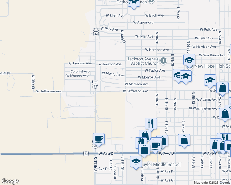 map of restaurants, bars, coffee shops, grocery stores, and more near 1400 West Jefferson Avenue in Lovington