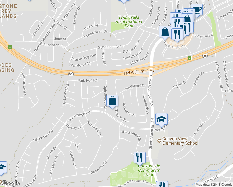 map of restaurants, bars, coffee shops, grocery stores, and more near 12975 Texana Street in San Diego