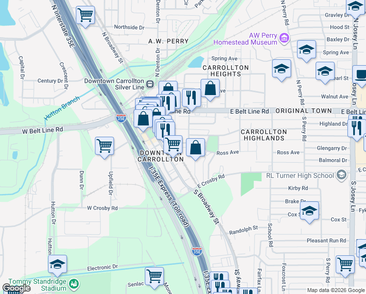 map of restaurants, bars, coffee shops, grocery stores, and more near 1110 Vandergriff Drive in Carrollton