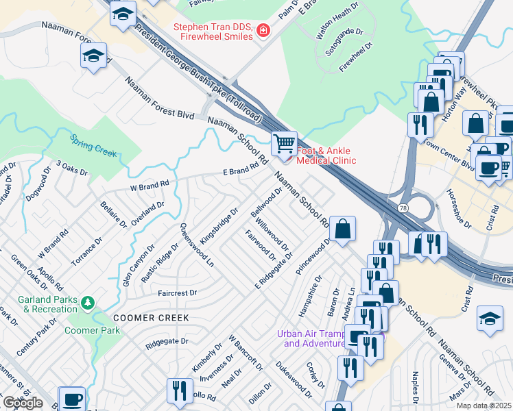 map of restaurants, bars, coffee shops, grocery stores, and more near 225 Bellwood Drive in Garland