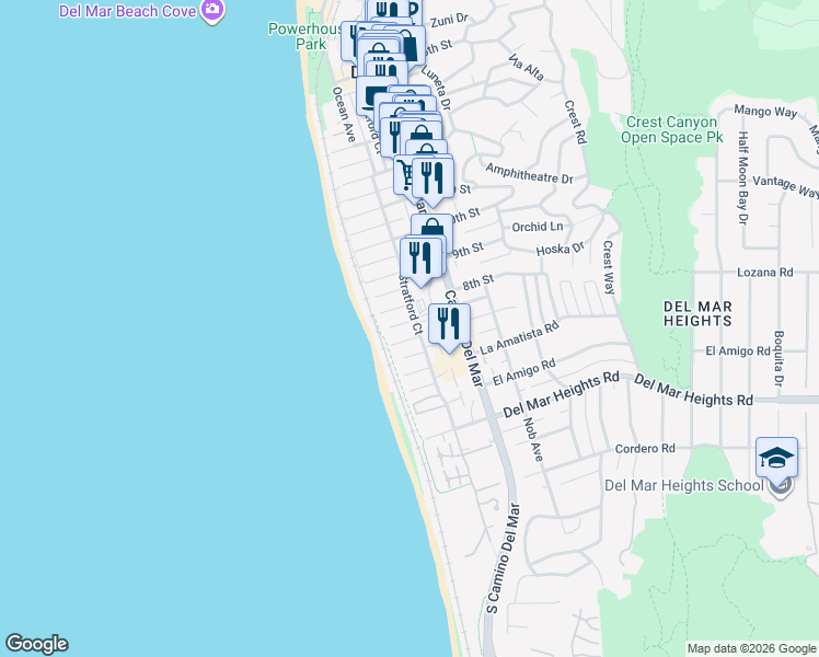 map of restaurants, bars, coffee shops, grocery stores, and more near 149 7th Street in Del Mar
