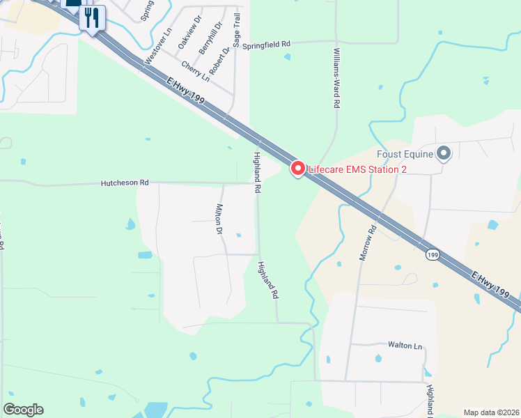map of restaurants, bars, coffee shops, grocery stores, and more near 338 Highland Road in Springtown