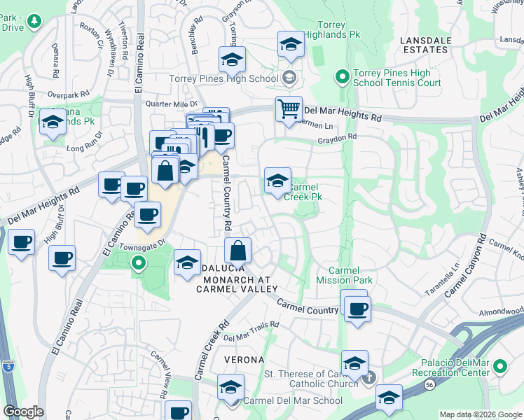 map of restaurants, bars, coffee shops, grocery stores, and more near 12914 Carmel Creek Road in San Diego