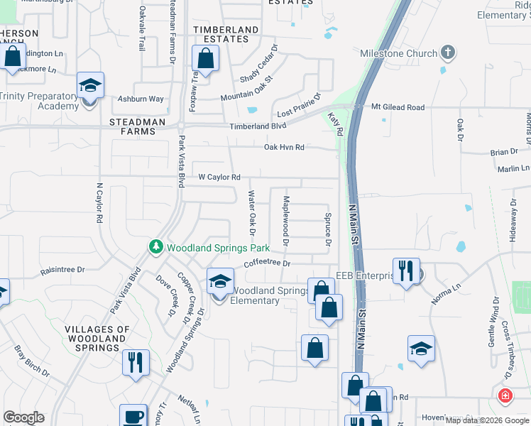 map of restaurants, bars, coffee shops, grocery stores, and more near 12405 Yellow Wood Drive in Fort Worth