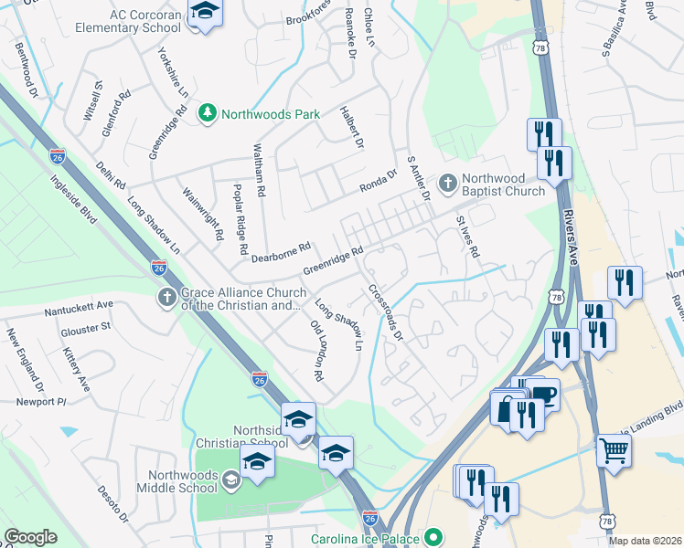map of restaurants, bars, coffee shops, grocery stores, and more near 2452 Melville Road in North Charleston