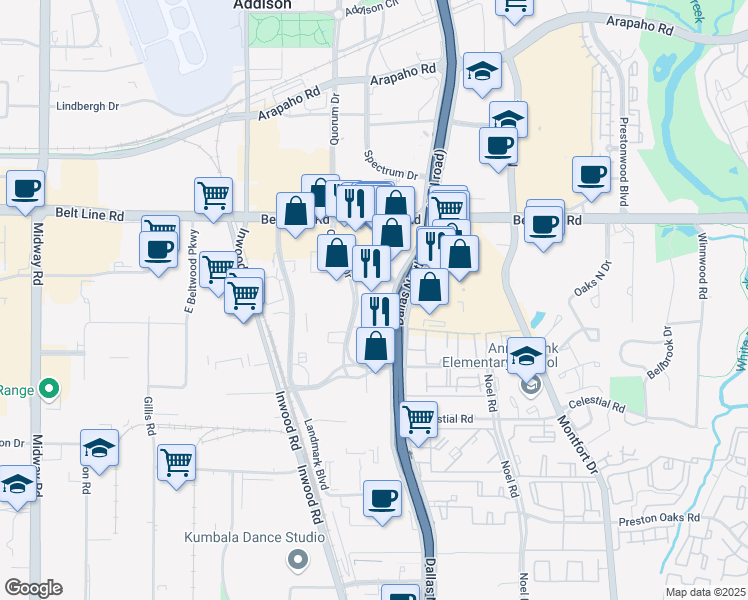 map of restaurants, bars, coffee shops, grocery stores, and more near 14901 Dallas Parkway in Dallas