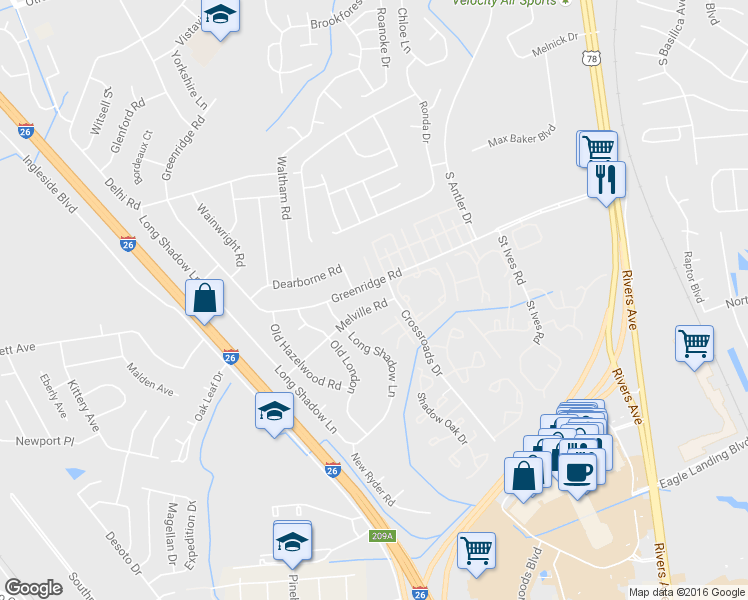 map of restaurants, bars, coffee shops, grocery stores, and more near 2477 Melville Road in North Charleston