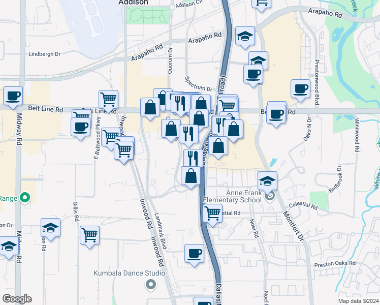 map of restaurants, bars, coffee shops, grocery stores, and more near in Addison