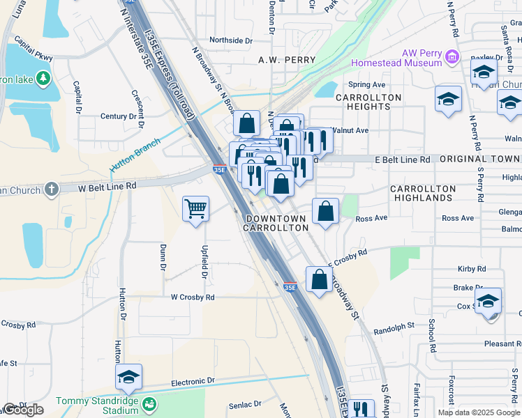 map of restaurants, bars, coffee shops, grocery stores, and more near in Carrollton