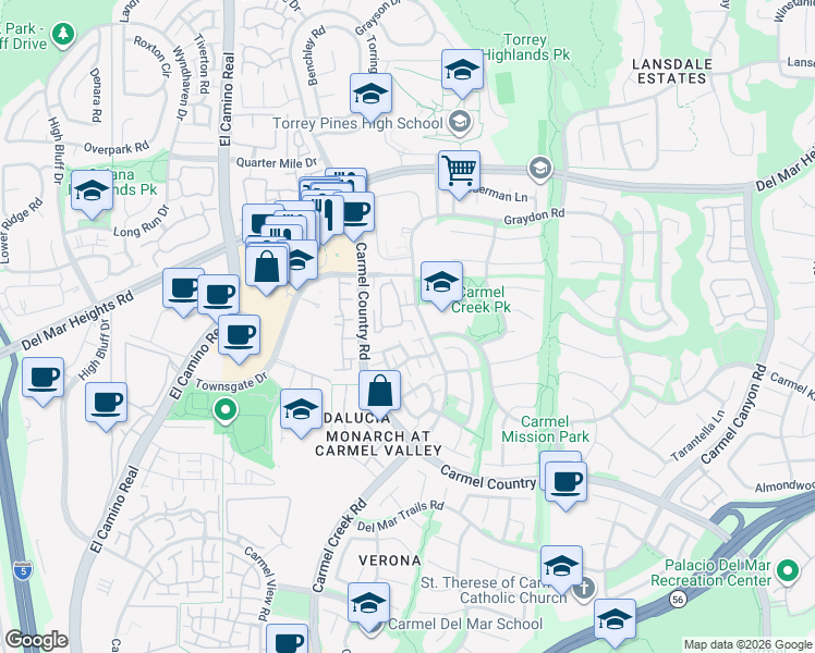 map of restaurants, bars, coffee shops, grocery stores, and more near 12916 Carmel Creek Road in San Diego