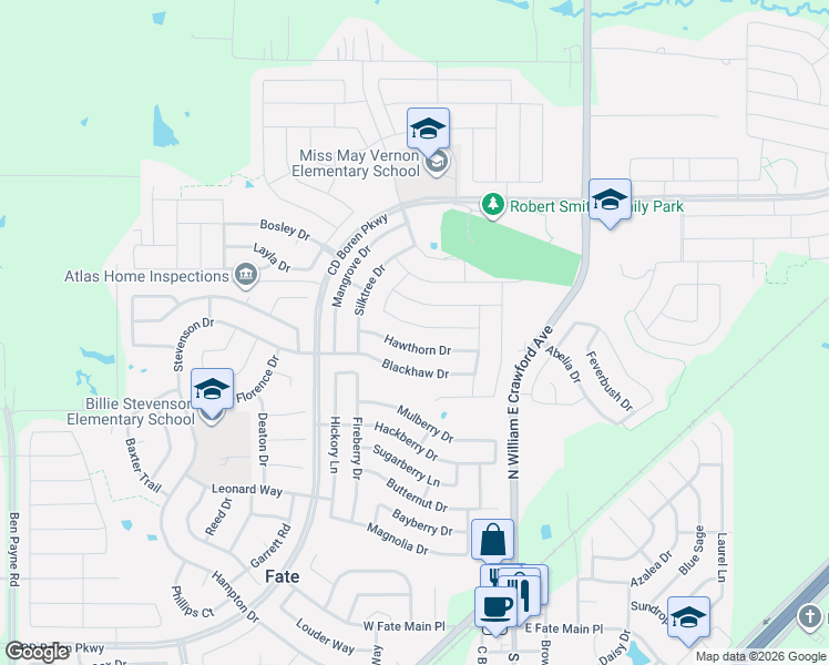 map of restaurants, bars, coffee shops, grocery stores, and more near 315 Hawthorn Drive in Rockwall