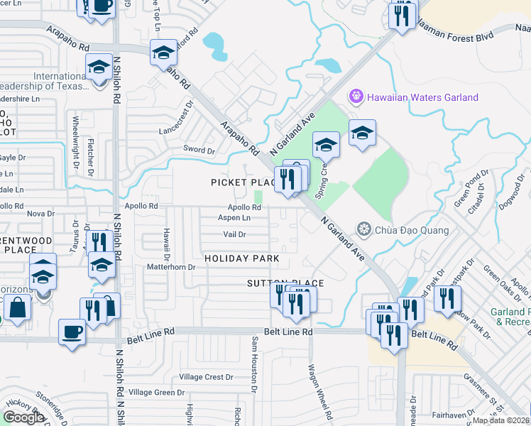 map of restaurants, bars, coffee shops, grocery stores, and more near 1914 Aspen Lane in Garland