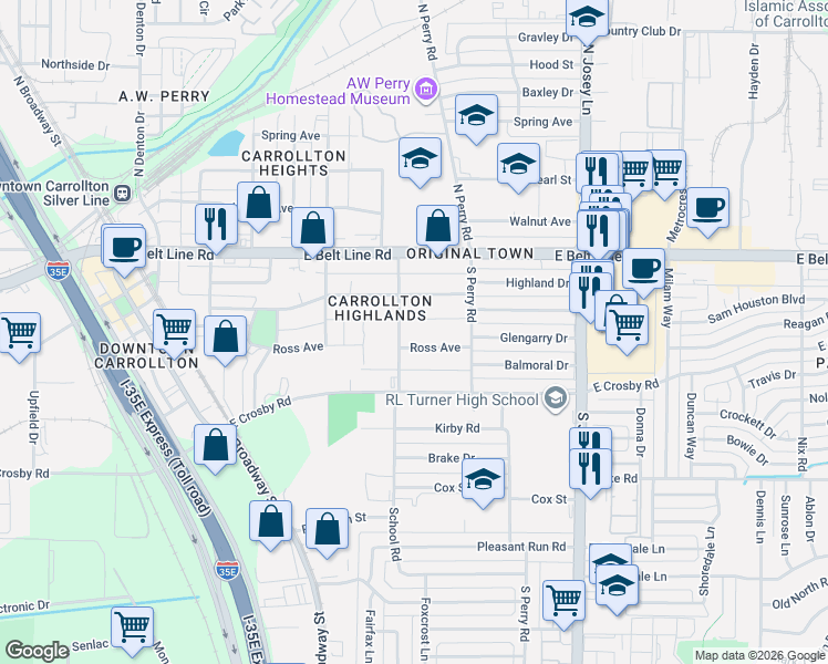 map of restaurants, bars, coffee shops, grocery stores, and more near 1700 Ross Avenue in Carrollton