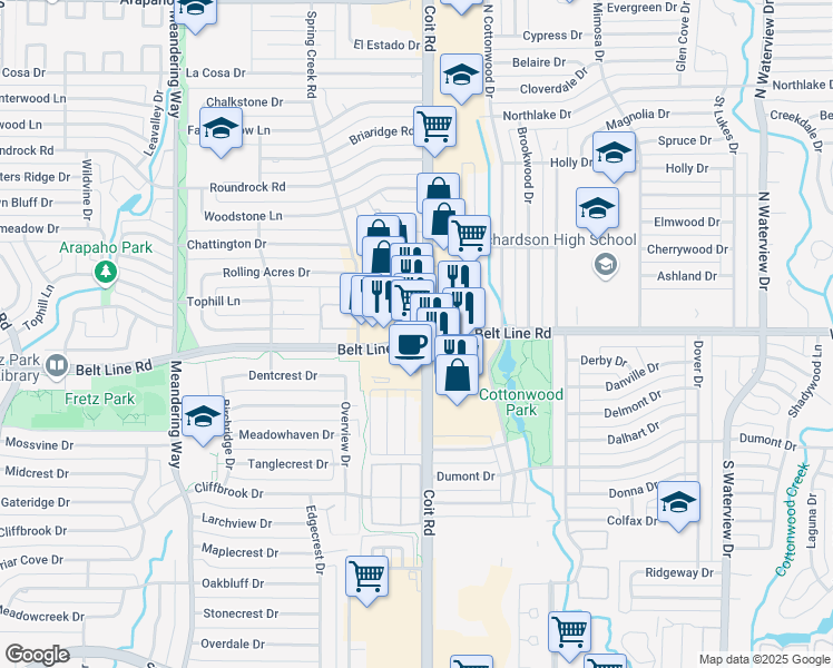 map of restaurants, bars, coffee shops, grocery stores, and more near 305 Spring Creek Village Road in Dallas