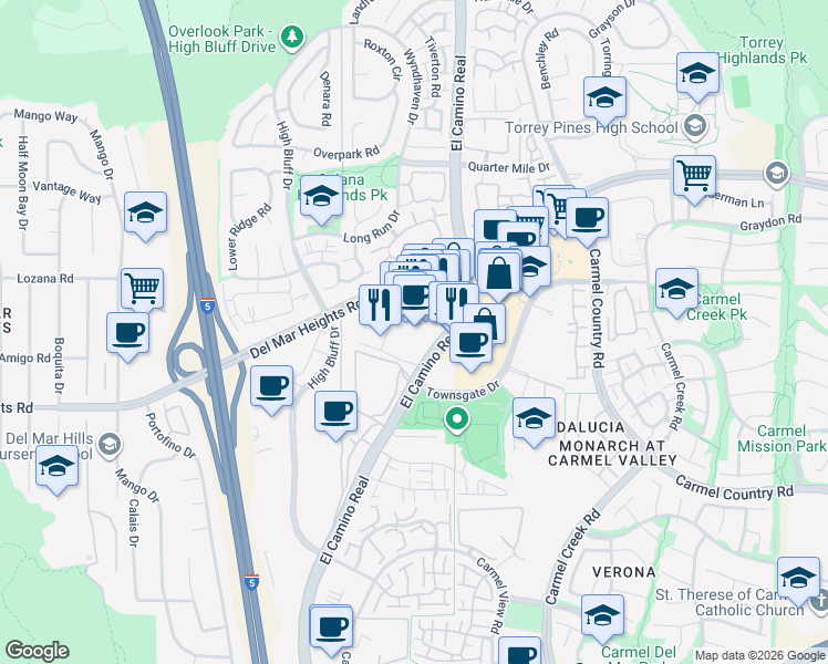 map of restaurants, bars, coffee shops, grocery stores, and more near 3722 Paseo Place in San Diego