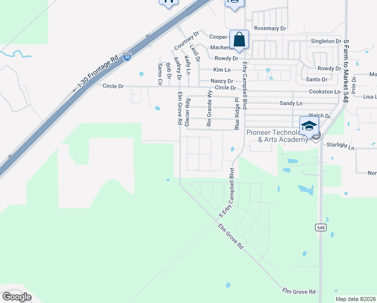 map of restaurants, bars, coffee shops, grocery stores, and more near 3015 Elm Grove Road in Royse City