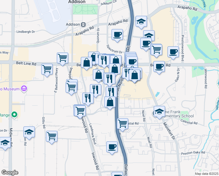 map of restaurants, bars, coffee shops, grocery stores, and more near 14901 Dallas Parkway in Dallas