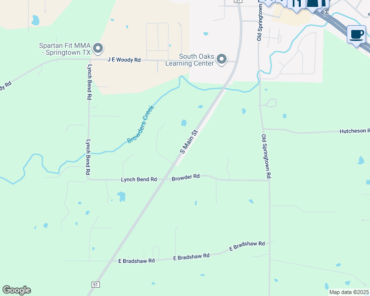 map of restaurants, bars, coffee shops, grocery stores, and more near Farm to Market 51 in Springtown