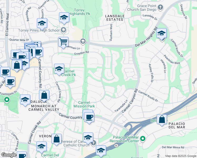 map of restaurants, bars, coffee shops, grocery stores, and more near 4485 Sunset Bluffs Way in San Diego