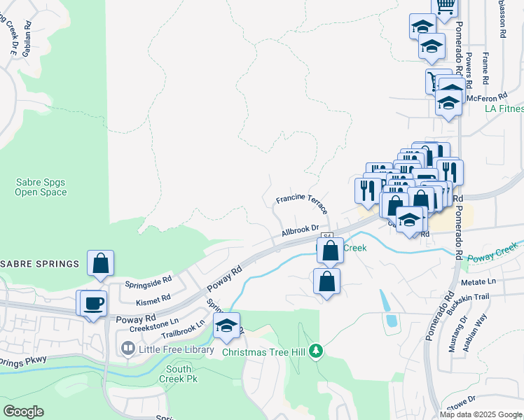 map of restaurants, bars, coffee shops, grocery stores, and more near 12839 Iola Way in Poway