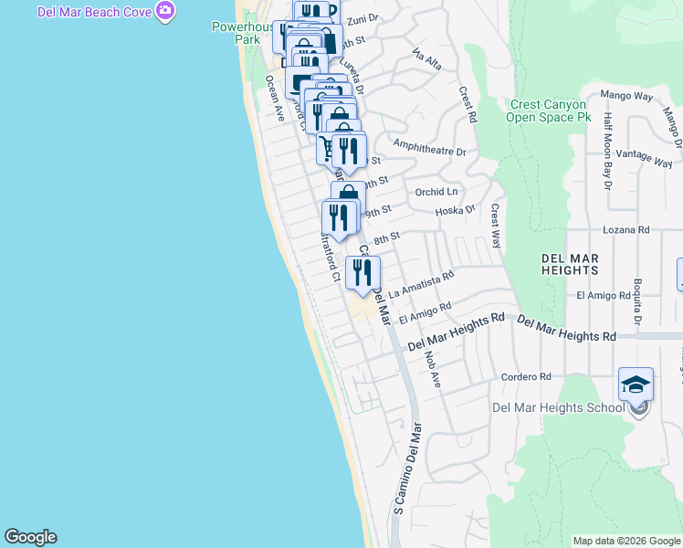 map of restaurants, bars, coffee shops, grocery stores, and more near 709 Stratford Court in Del Mar