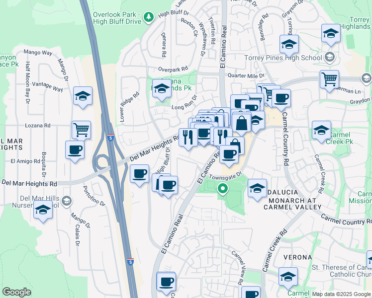 map of restaurants, bars, coffee shops, grocery stores, and more near 3200 Paseo Village Way in San Diego