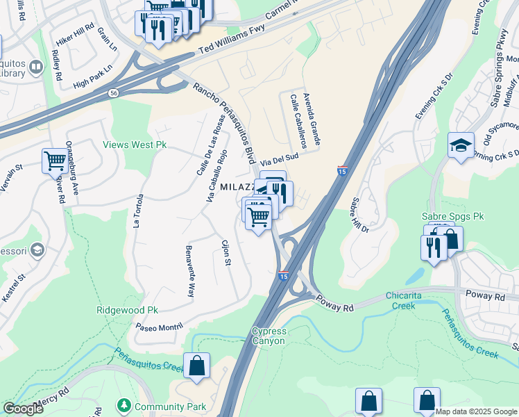 map of restaurants, bars, coffee shops, grocery stores, and more near 12860 Rancho Penasquitos Boulevard in San Diego