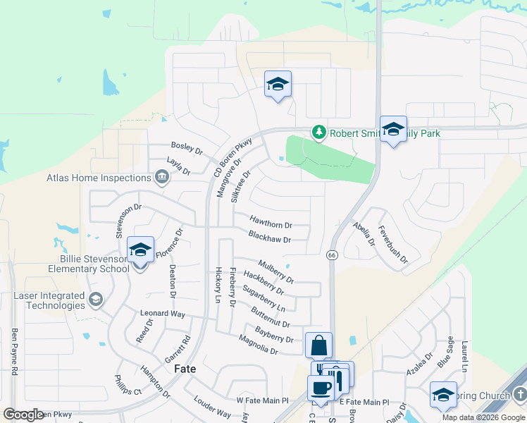 map of restaurants, bars, coffee shops, grocery stores, and more near 315 Hawthorn Drive in Rockwall