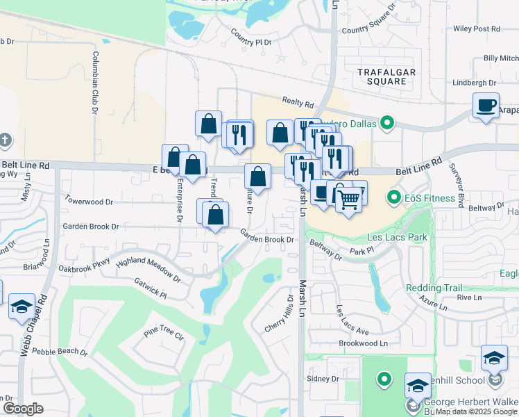 map of restaurants, bars, coffee shops, grocery stores, and more near 14802 Venture Drive in Farmers Branch