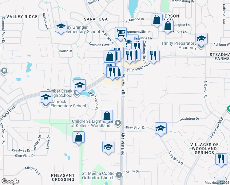 map of restaurants, bars, coffee shops, grocery stores, and more near 4641 Prickly Pear Drive in Fort Worth