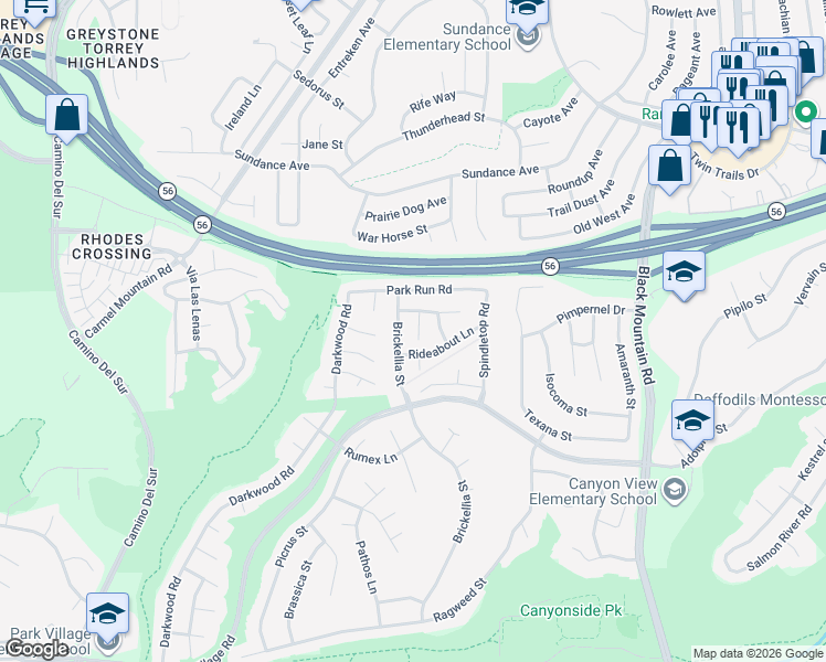 map of restaurants, bars, coffee shops, grocery stores, and more near 12620 Creekwood Court in San Diego